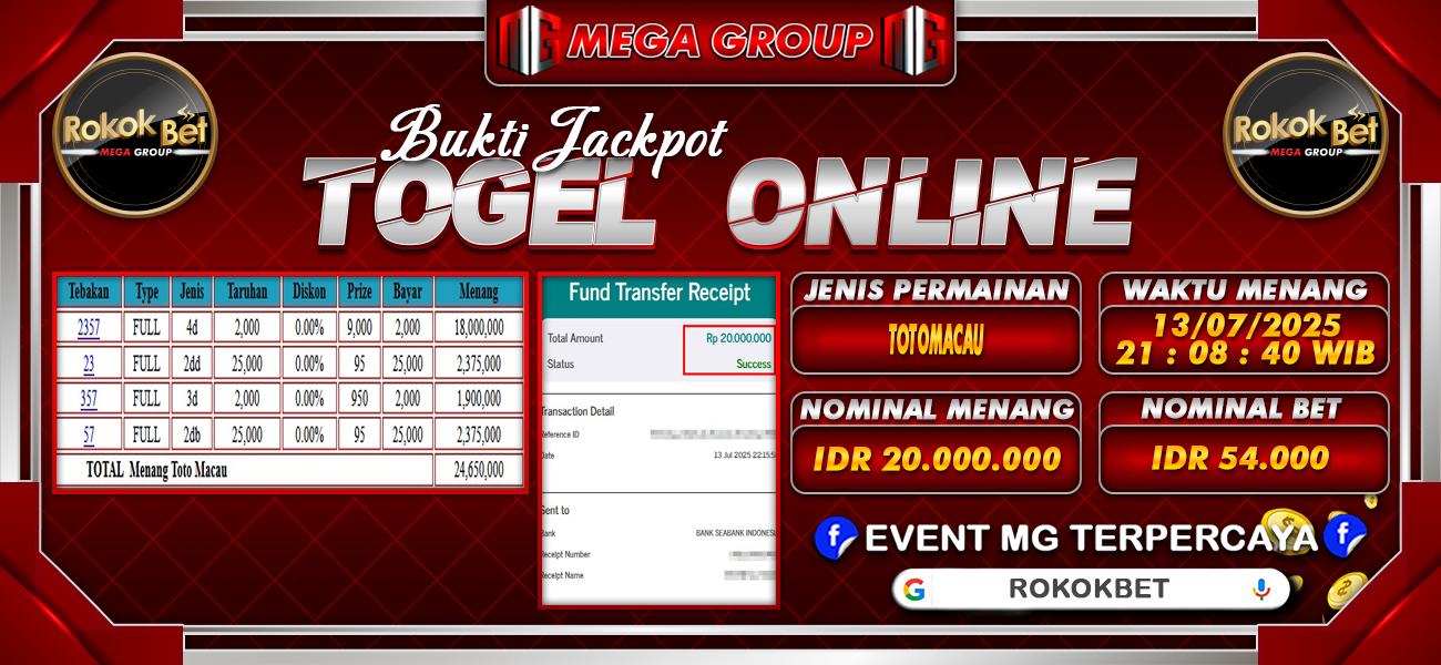 Bukti JP situs Rokokbet hari Senin, 14 Juli 2025
