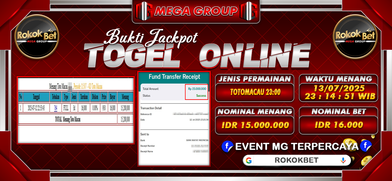 Bukti JP situs Rokokbet hari Minggu, 13 Juli 2025