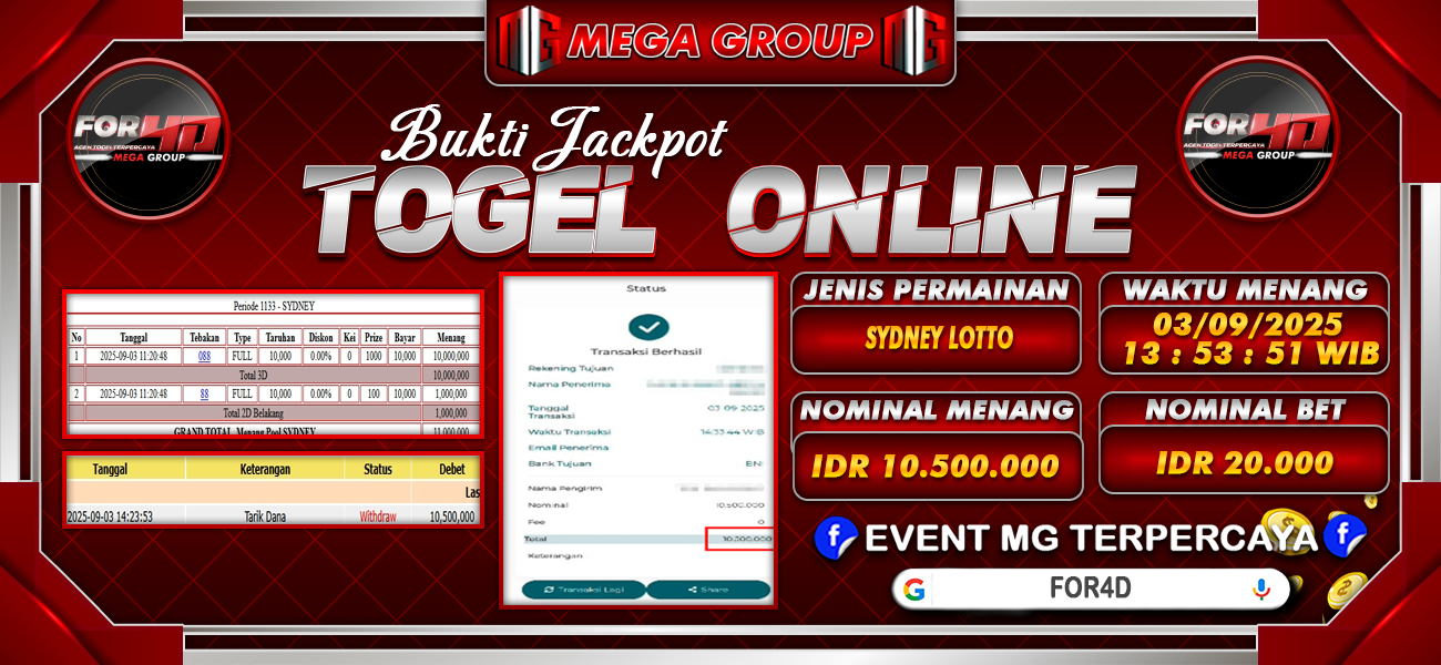Bukti JP situs For4D hari Rabu, 03 September 2025