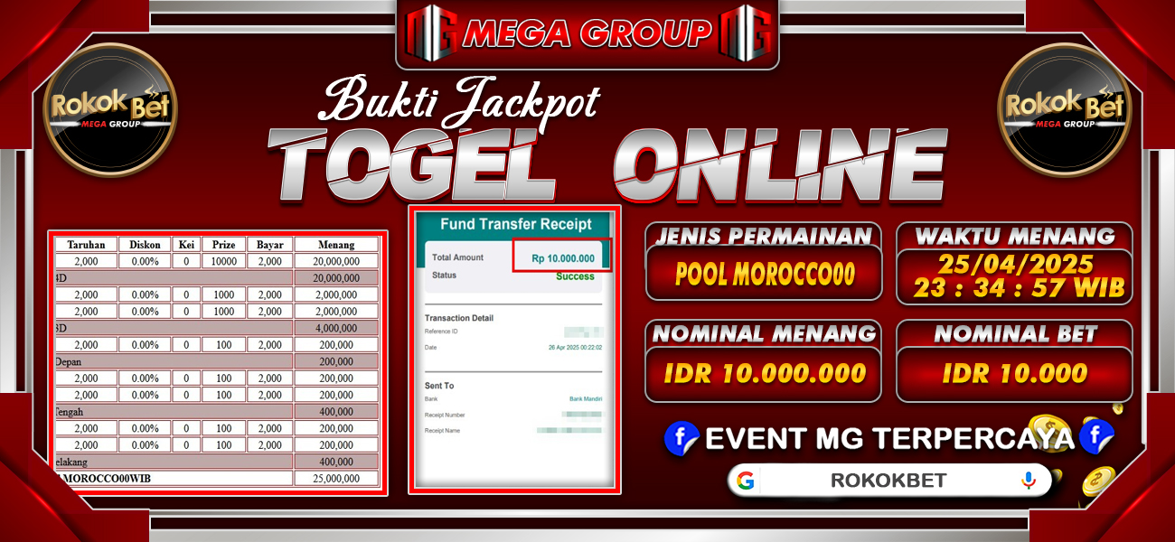 Bukti JP situs Rokokbet hari Sabtu, 26 April 2025