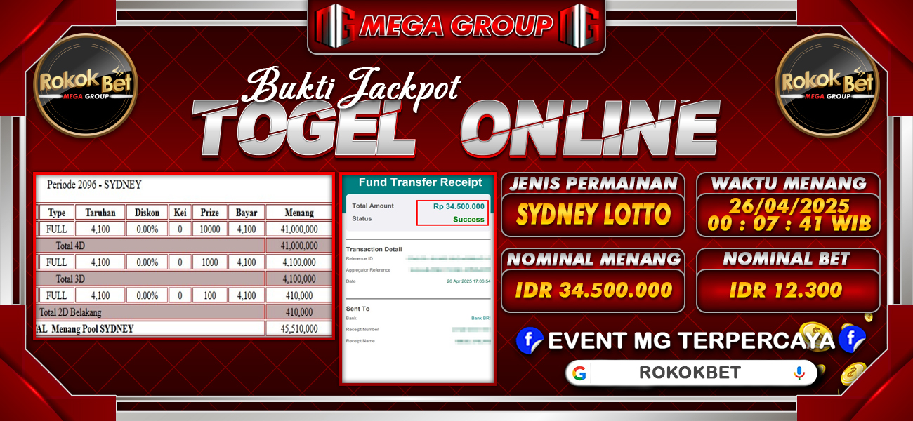 Bukti JP situs Rokokbet hari Sabtu, 26 April 2025