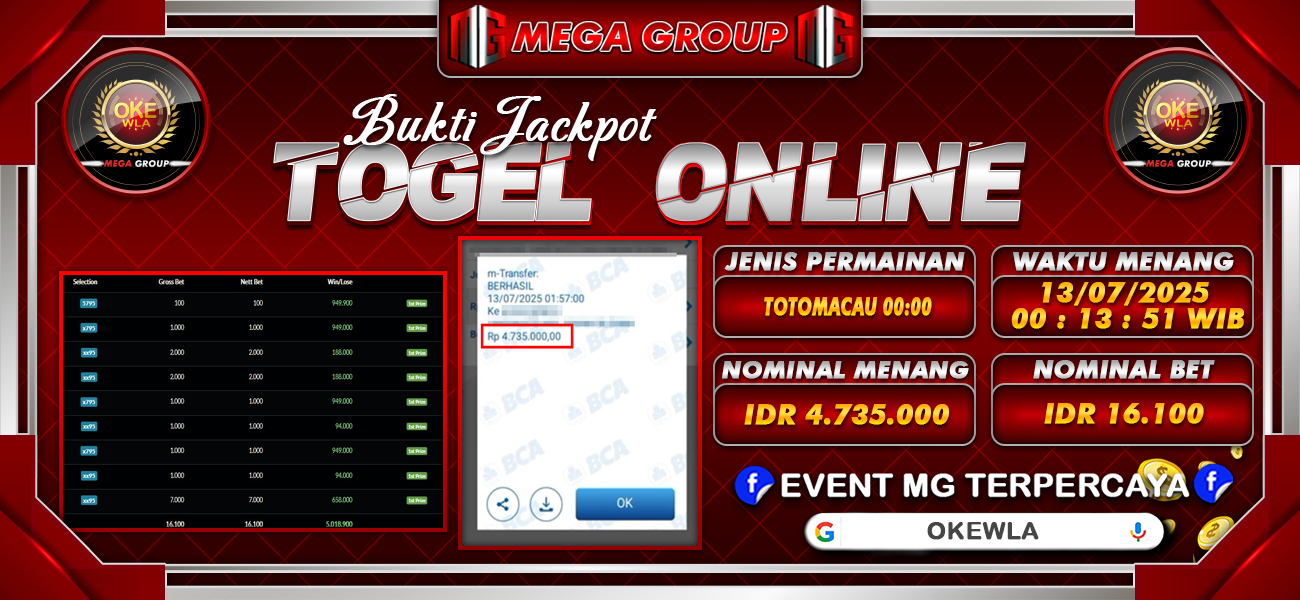 Bukti JP situs Okewla hari Minggu, 13 Juli 2025
