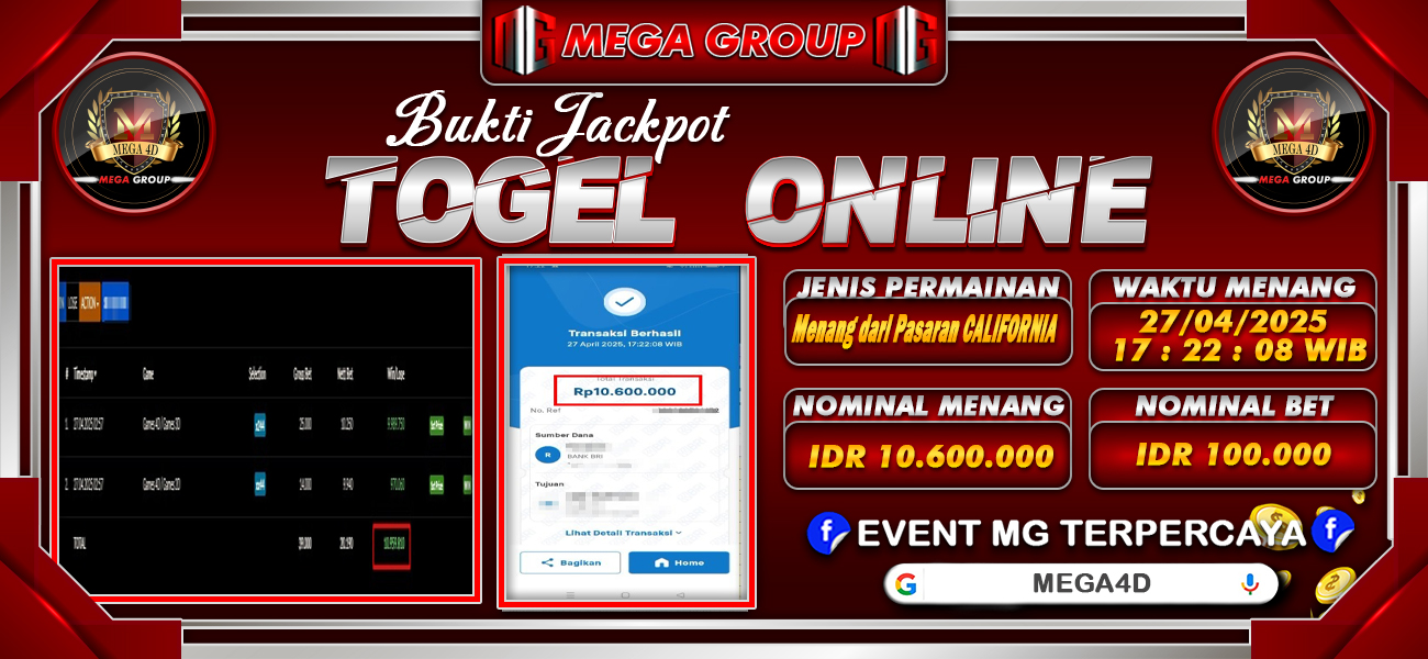 Bukti JP situs Mega4D hari Minggu, 27 April 2025