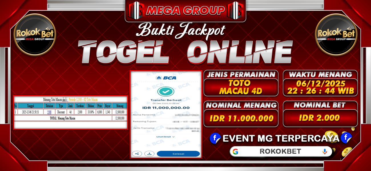 Bukti JP situs Rokokbet hari Sabtu, 06 Desember 2025