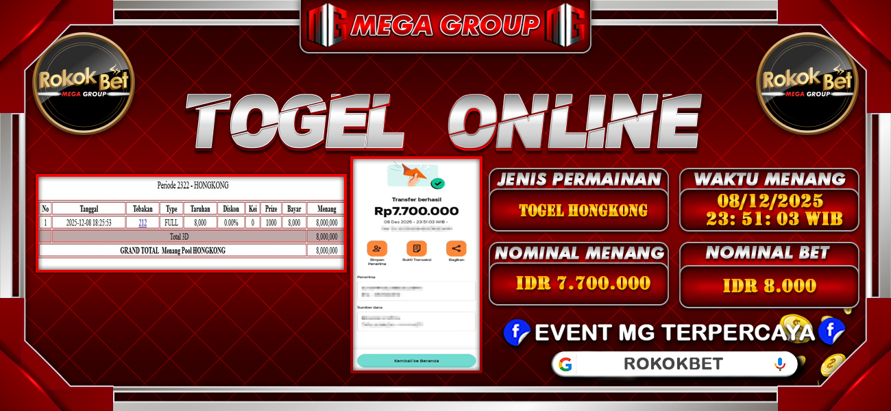 Bukti JP situs Rokokbet hari Senin, 08 Desember 2025